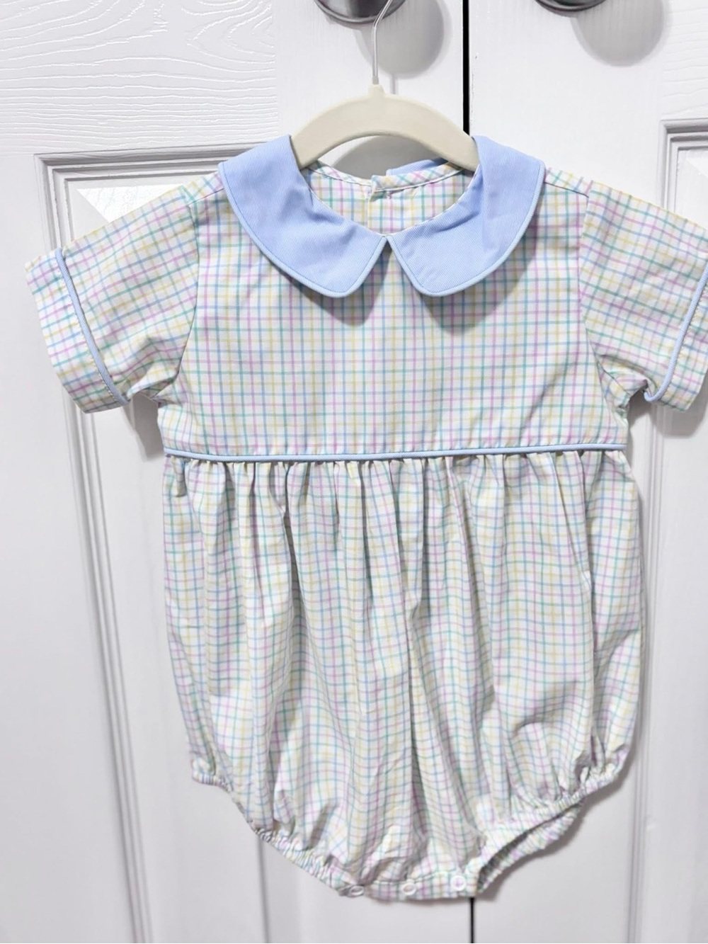 Pastel Plaid Baby One-Piece with Blue Peter Pan Collar